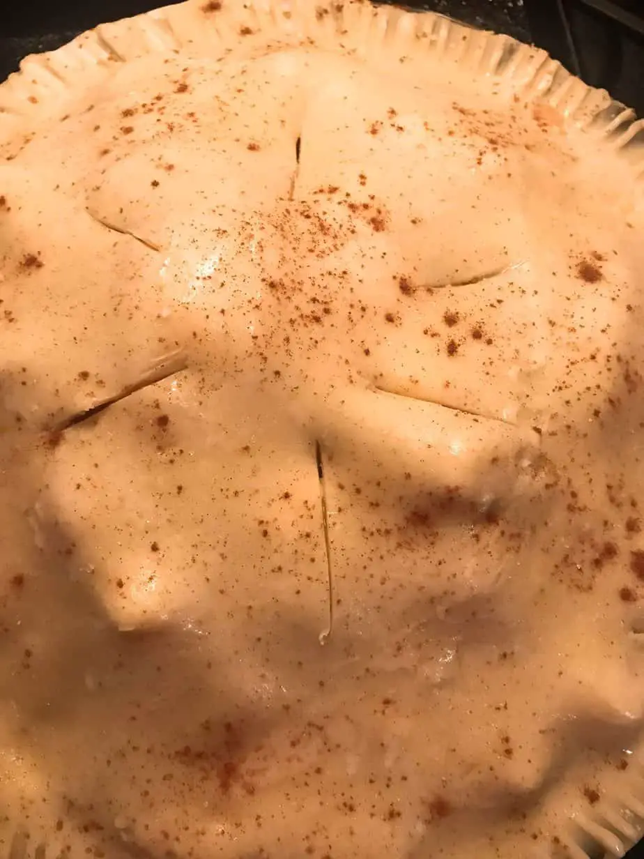 apple pie crust with a milk wash sprinkled with cinnamon and sugar