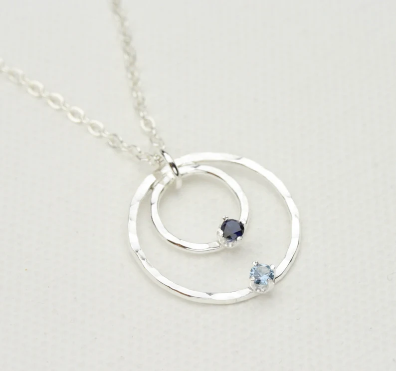 Mothers Necklace, Hammered Silver Circle with Birthstone Accents